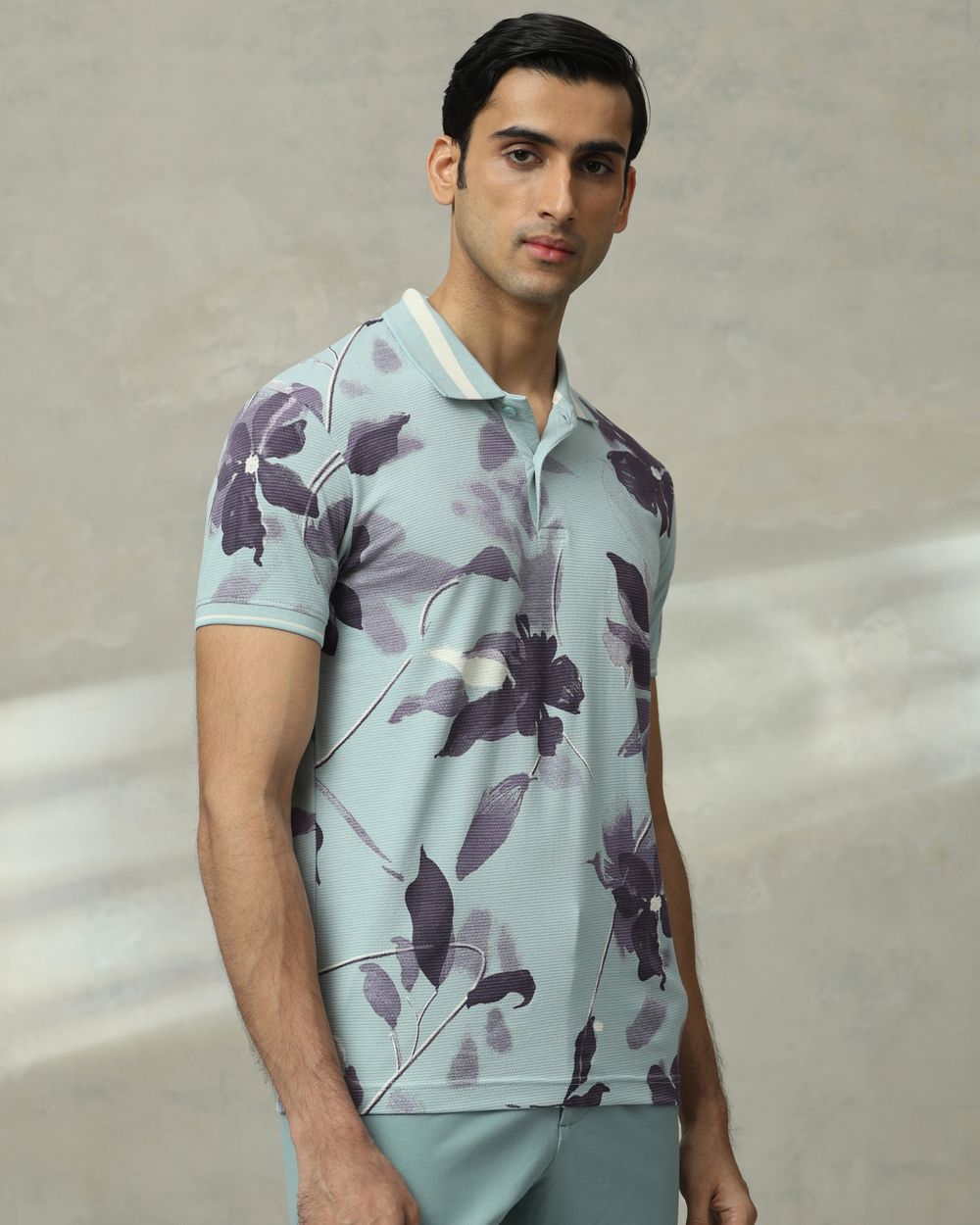 Blue Floral Print Slim Fit T-Shirt