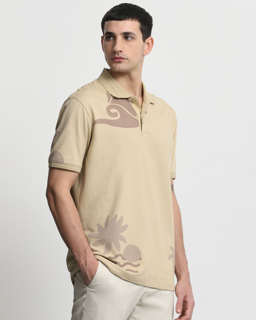 Beige Tonal Print Slim Fit T-Shirt