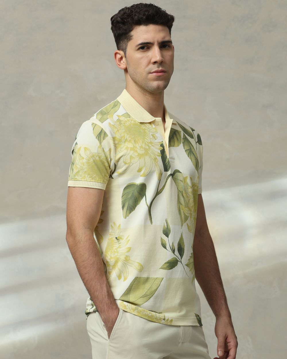 Light Yellow Floral Print Slim Fit T-Shirt