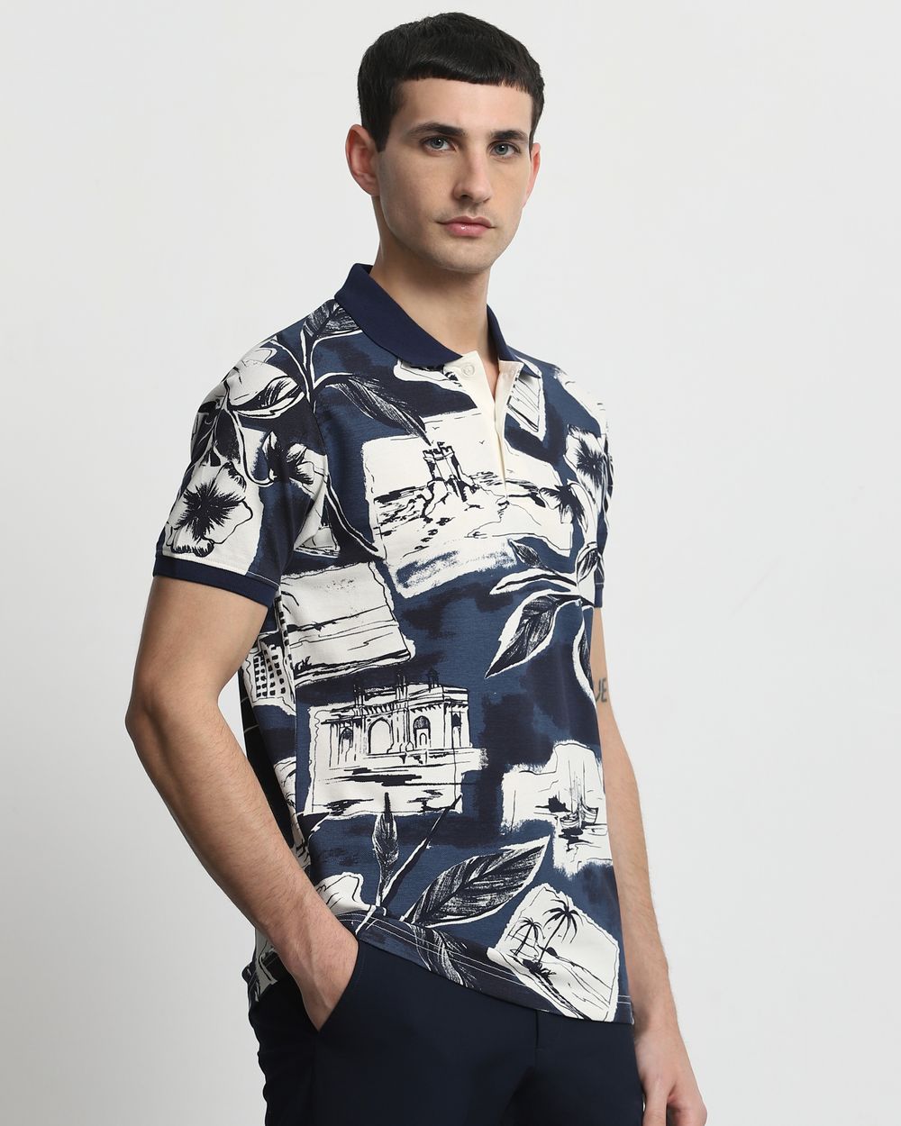 Navy Abstract Print Slim Fit T-Shirt