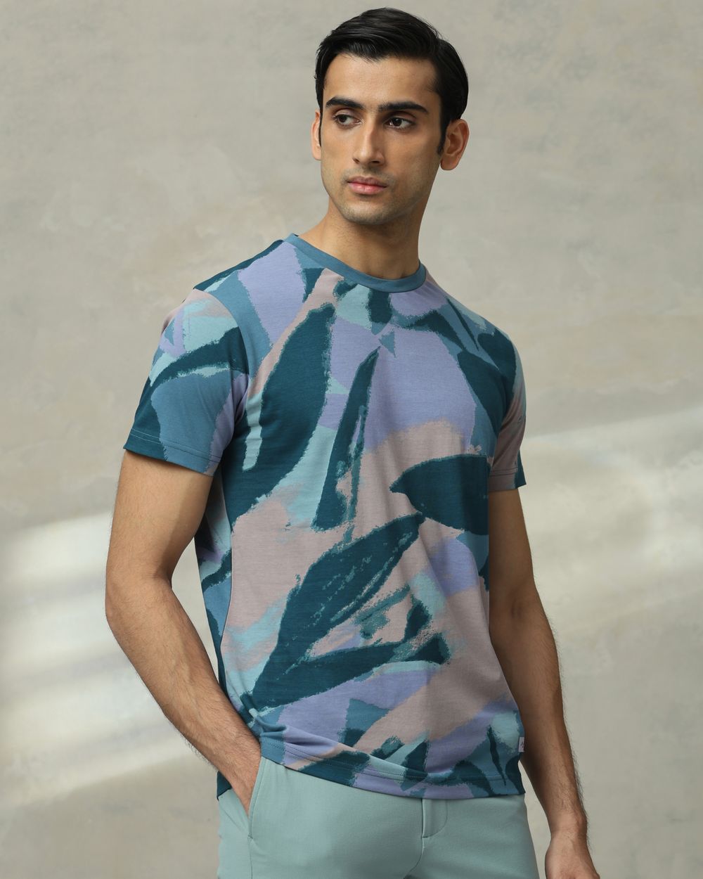 Teal Abstract Print Slim Fit T-Shirt
