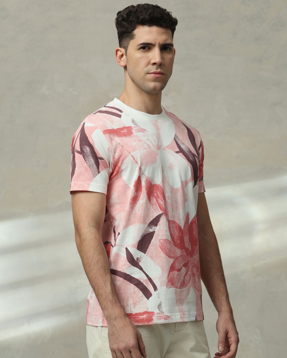 Pink Floral Print Slim Fit T-Shirt