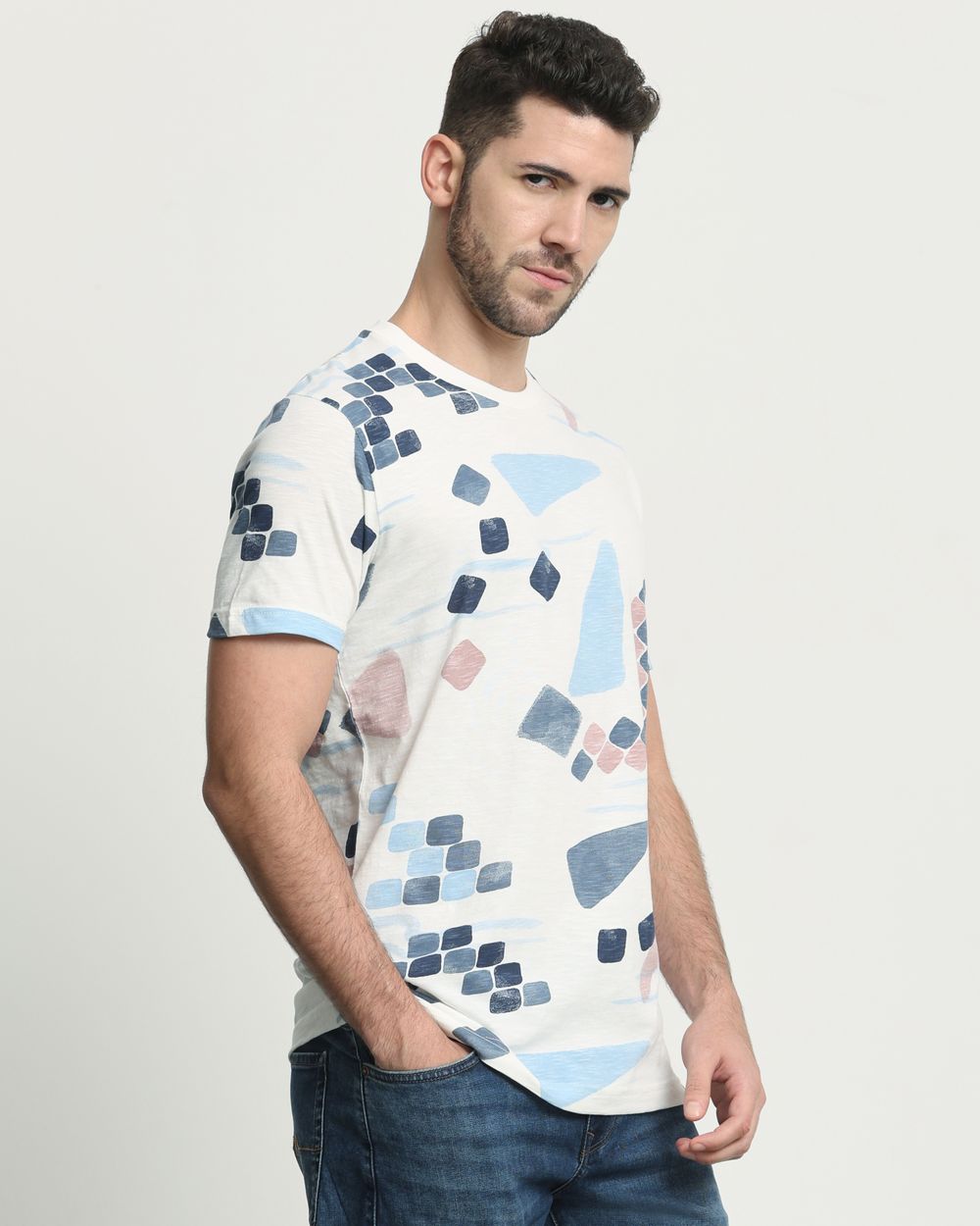 White Geometric Print Slim Fit T-Shirt