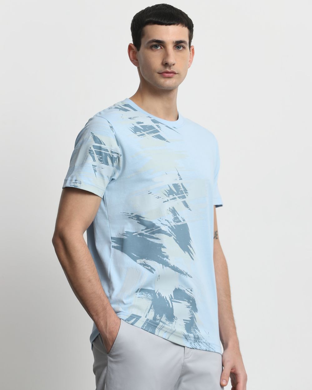 Light Blue Abstract Print Slim Fit T-Shirt