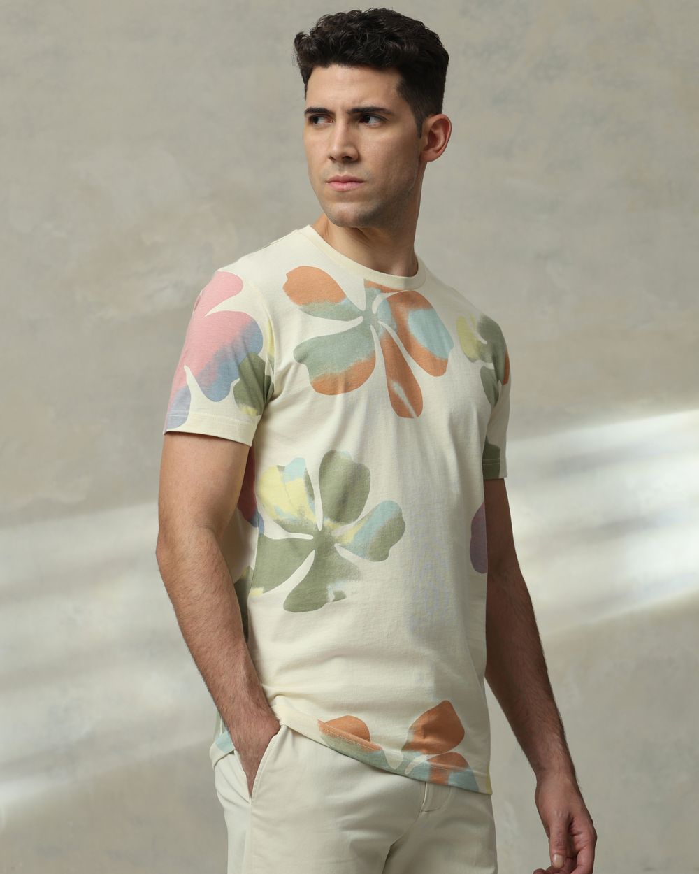 Off White Floral Print Slim Fit T-Shirt