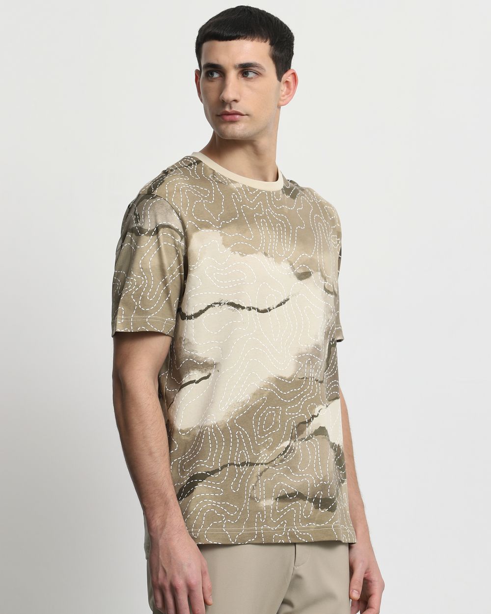 Beige Abstract Print Slim Fit T-Shirt