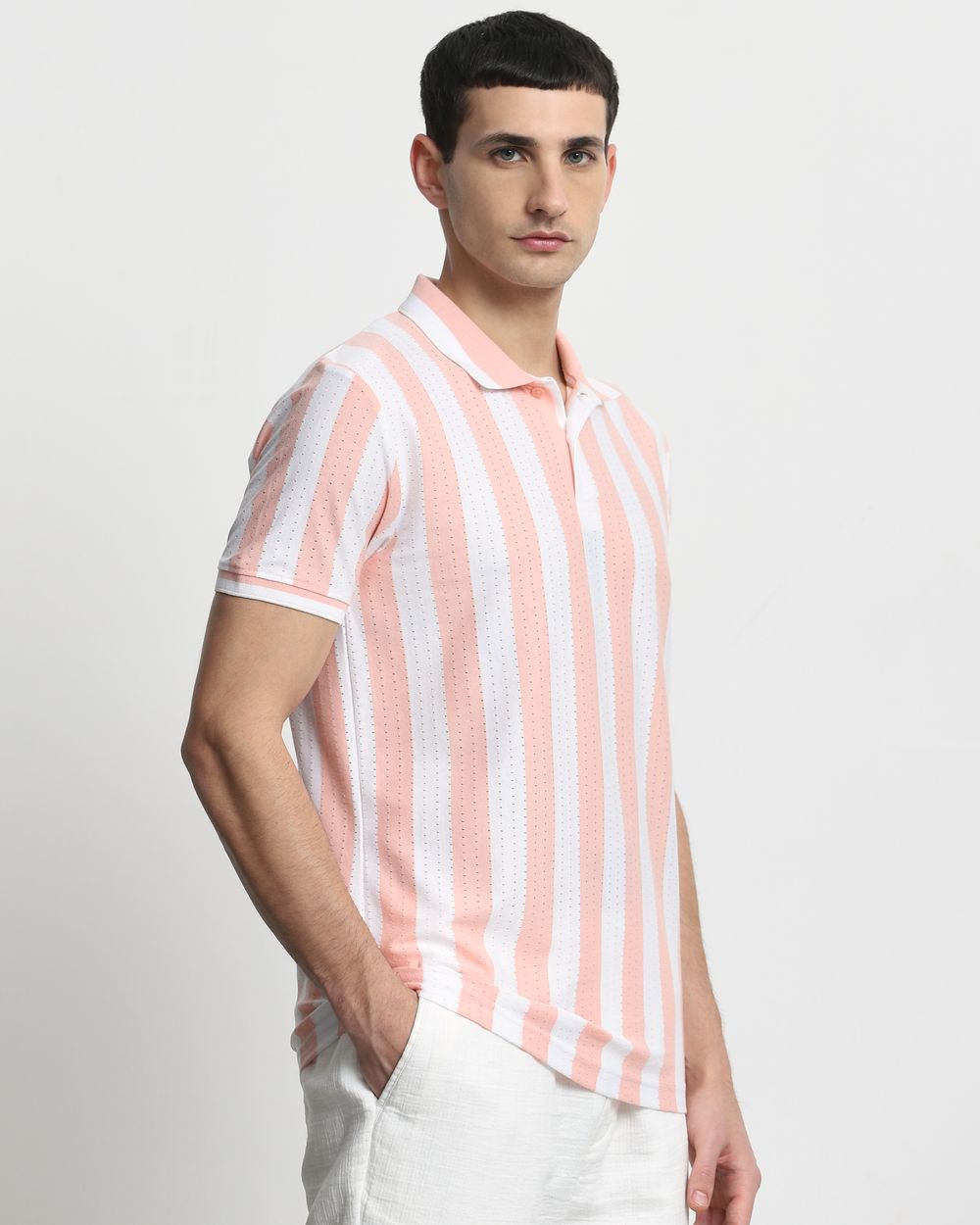 Peach Textured Stripe Slim Fit T-Shirt