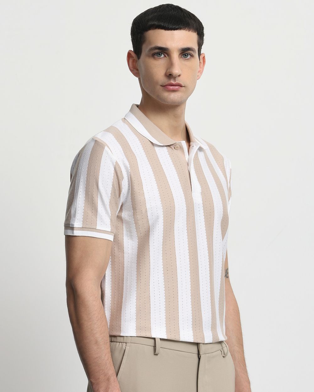 Beige Textured Stripe Slim Fit T-Shirt