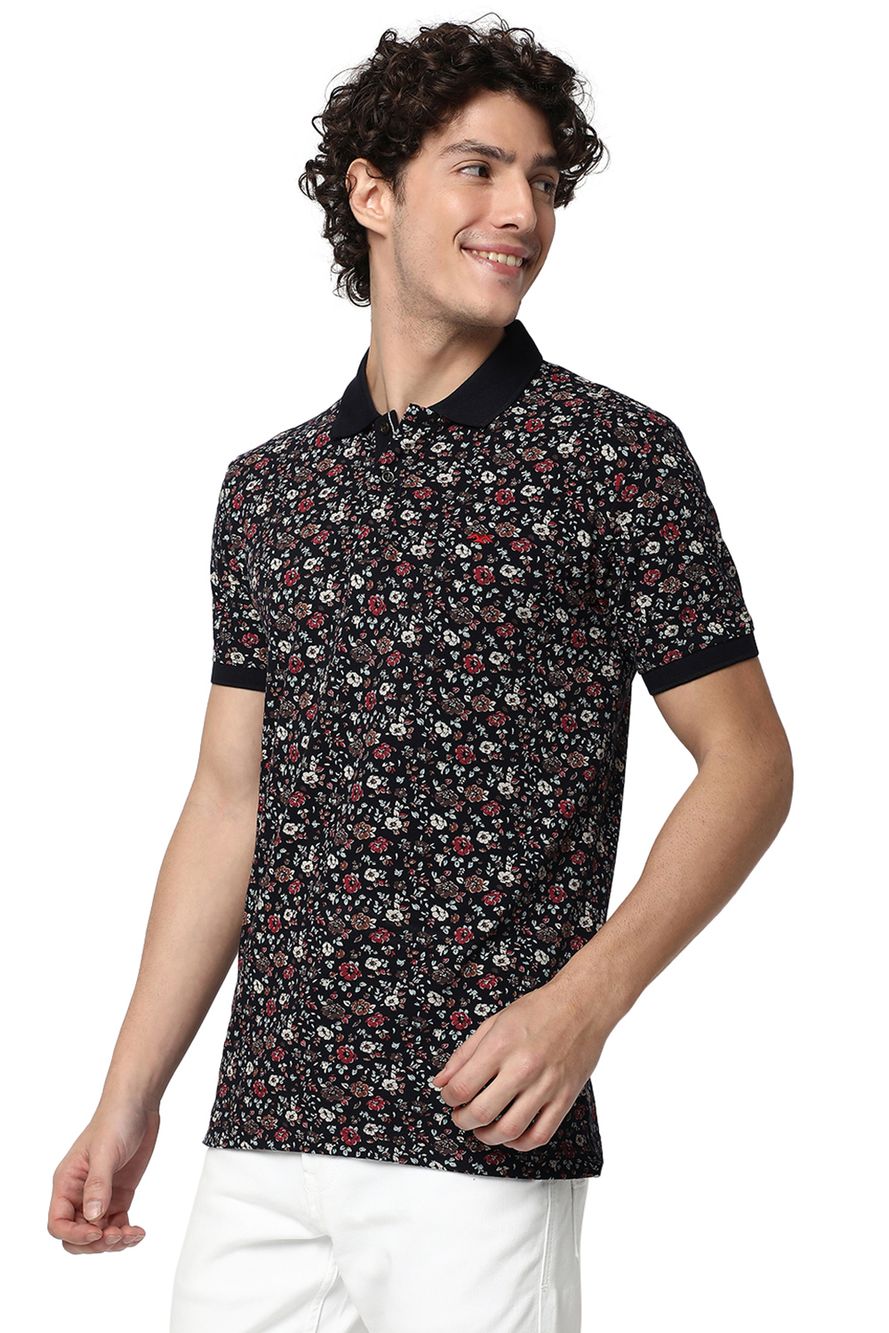 Navy Floral Print Pique Polo