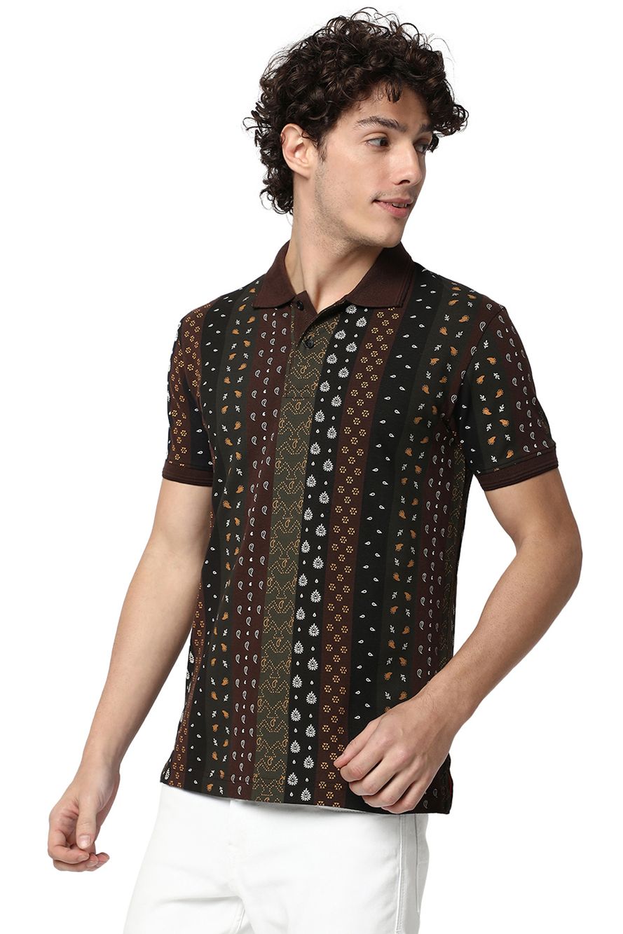 Brown Paisley Print Pique Polo