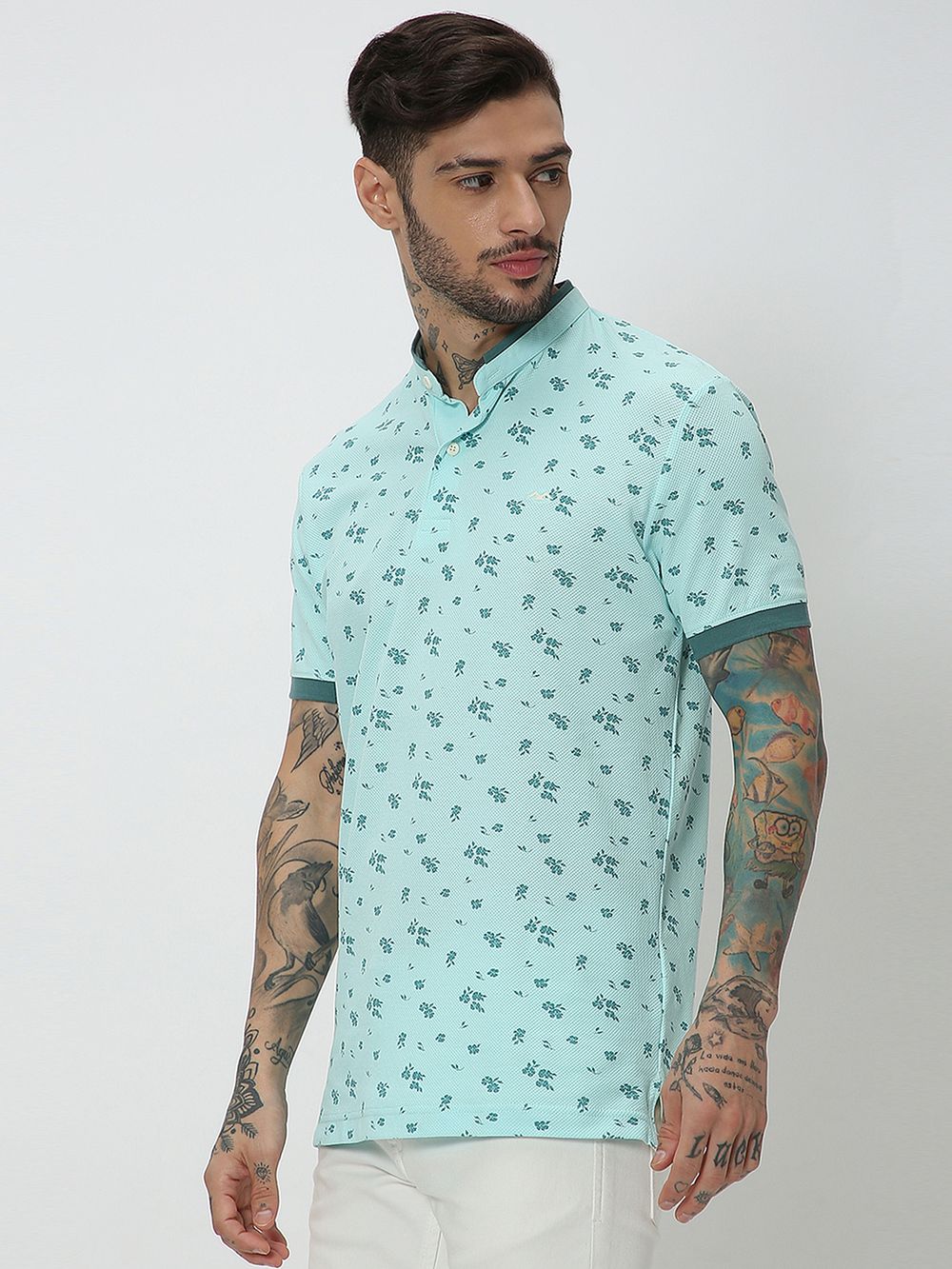 Turquoise Leaf Print Mini Popcorn Henley T-Shirt