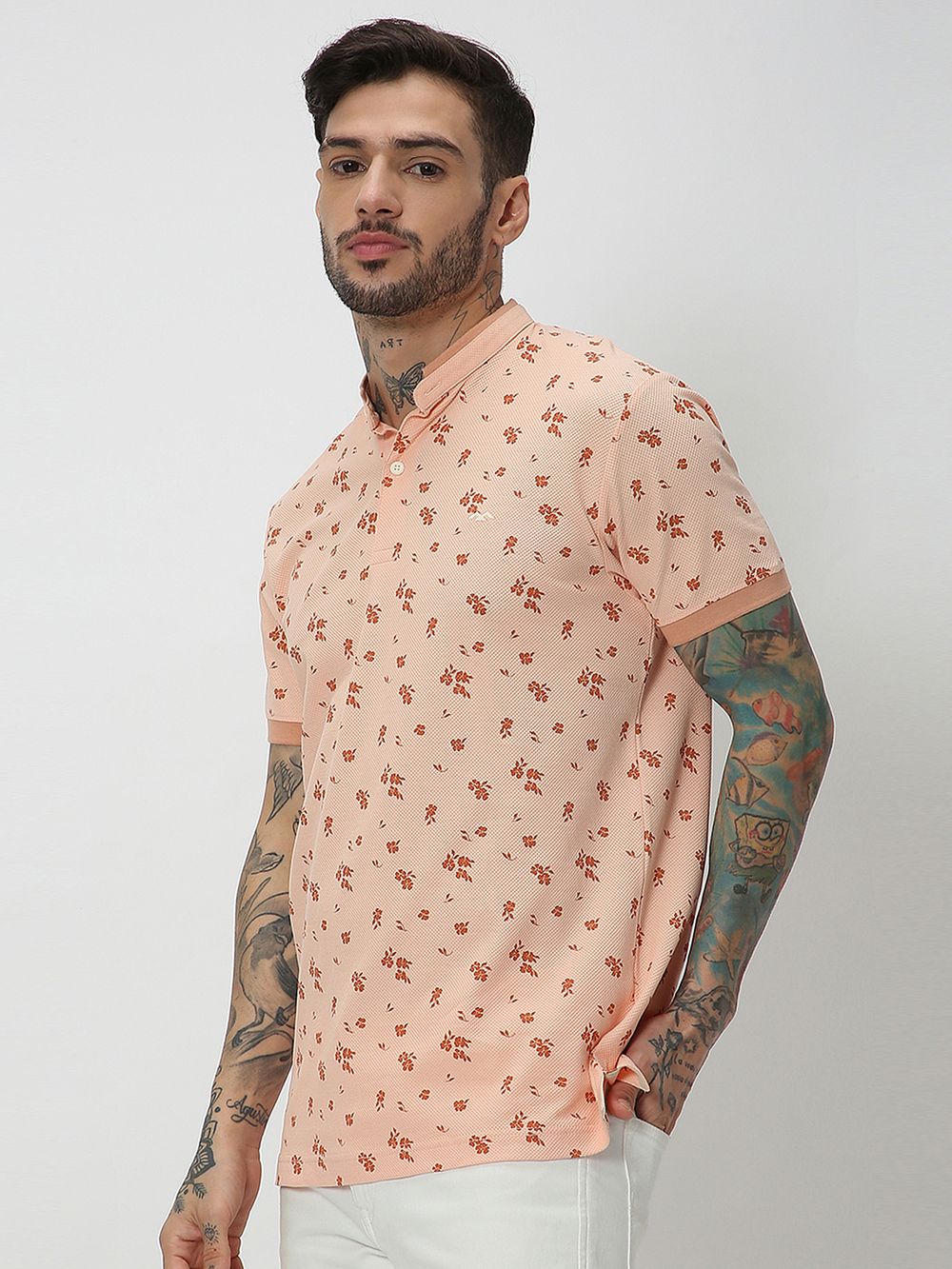 Peach Leaf Print Mini Popcorn Henley T-Shirt