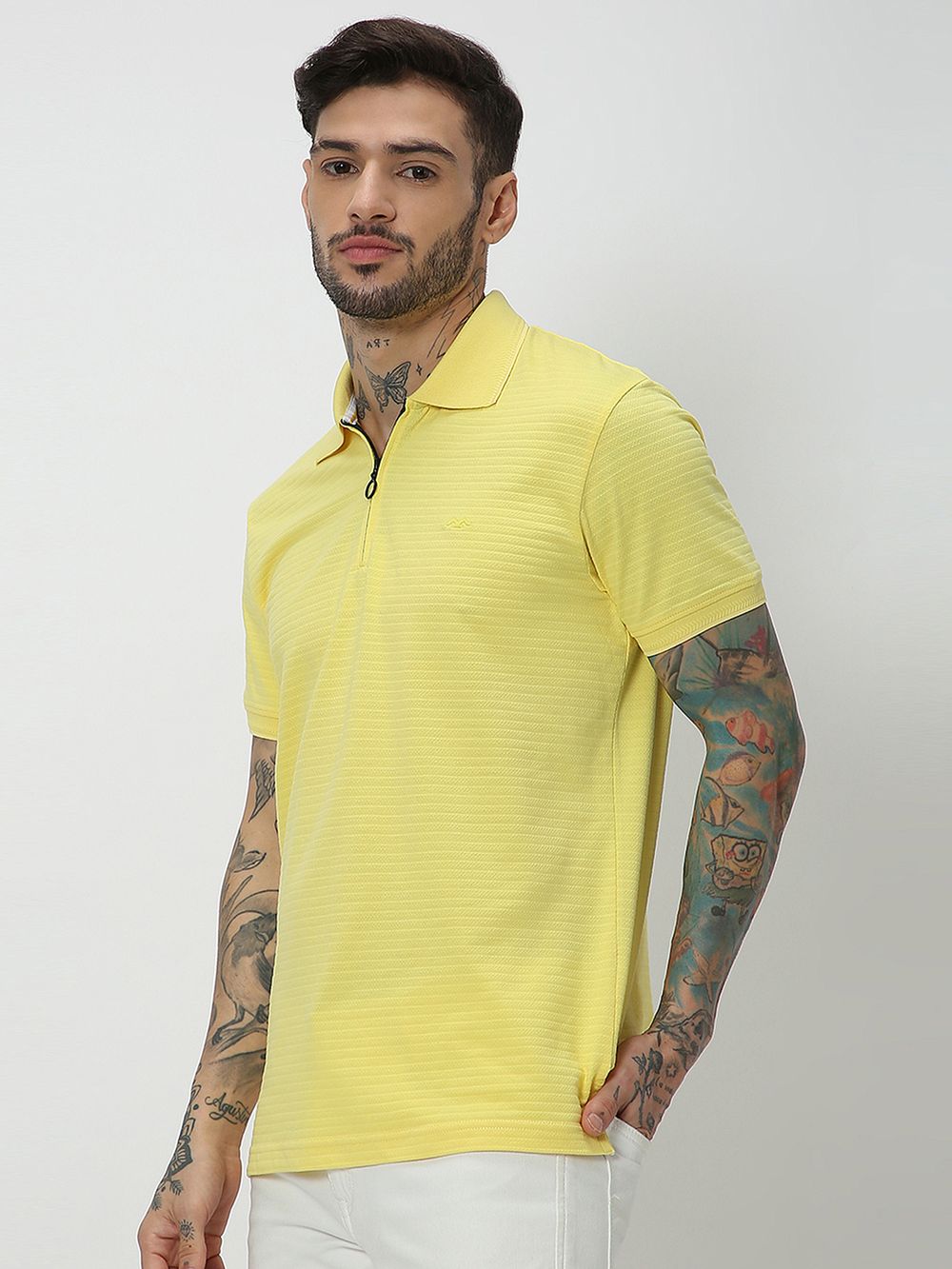 Mustard Textured Solid Jersey Polo T-Shirt