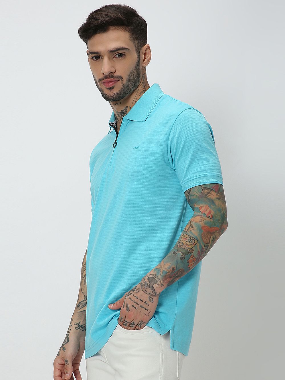 Turquoise Textured Solid Jersey Polo T-Shirt