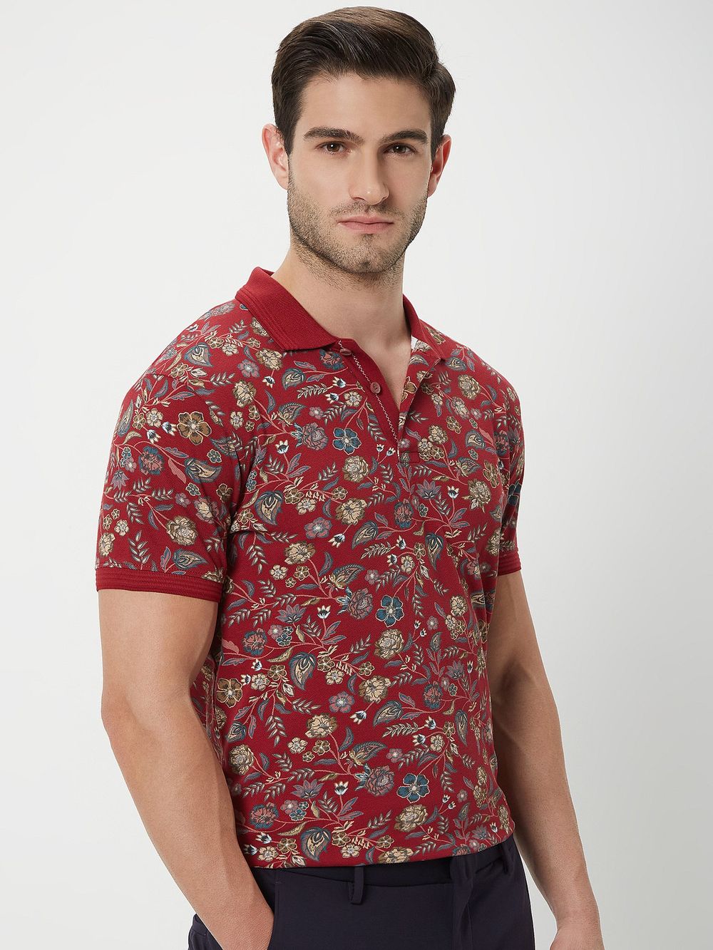 Maroon & Multi Floral Print Polo T-Shirt