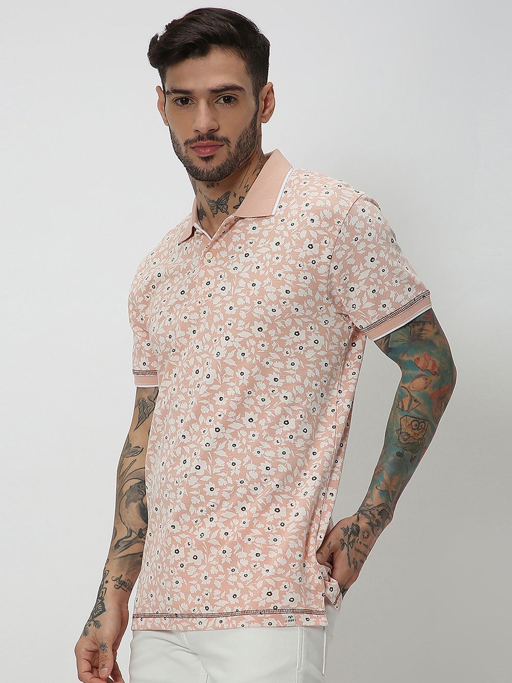 Peach & Off White Print Slub Pique Polo T-Shirt