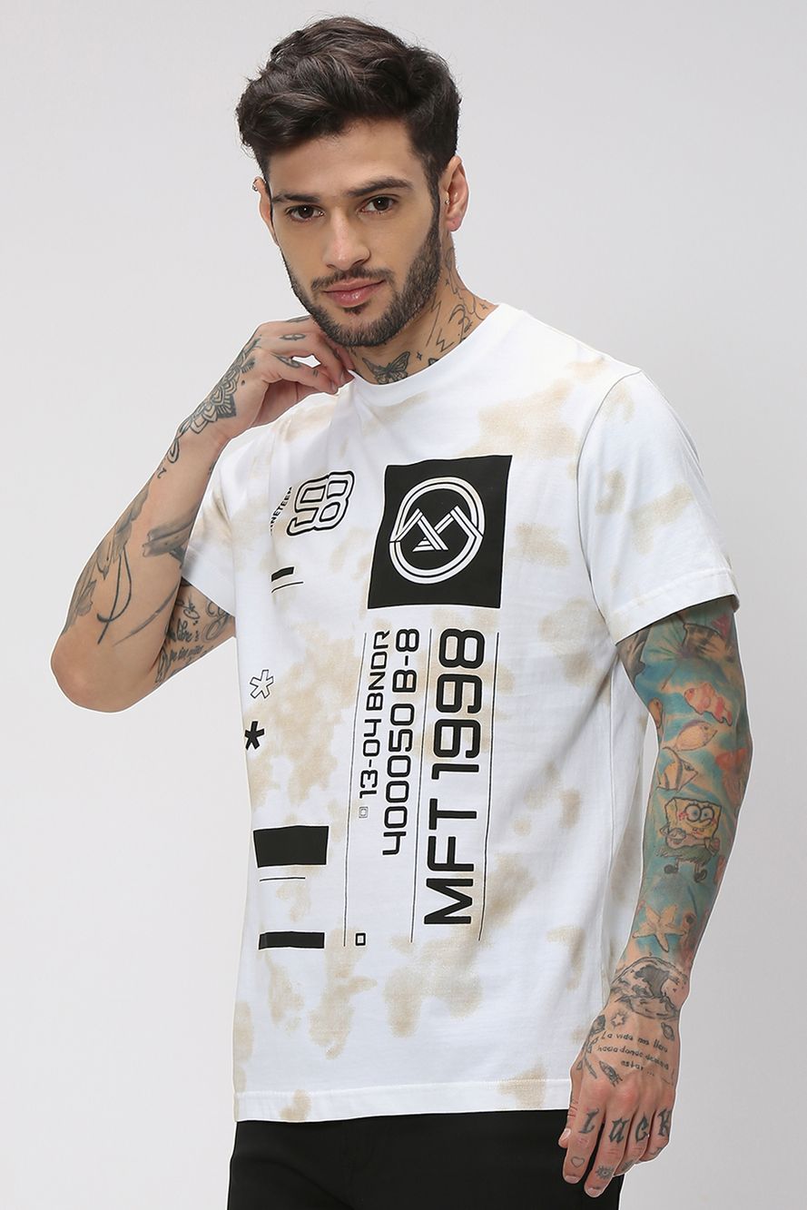 White & Beige Graphic Print T-Shirt