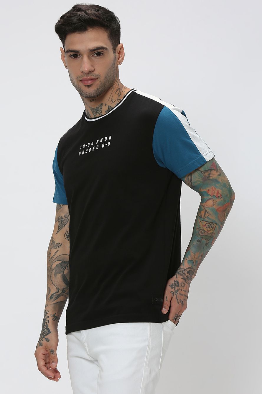 Black & Teal Cut & Sew Knitted Jersey T-Shirt