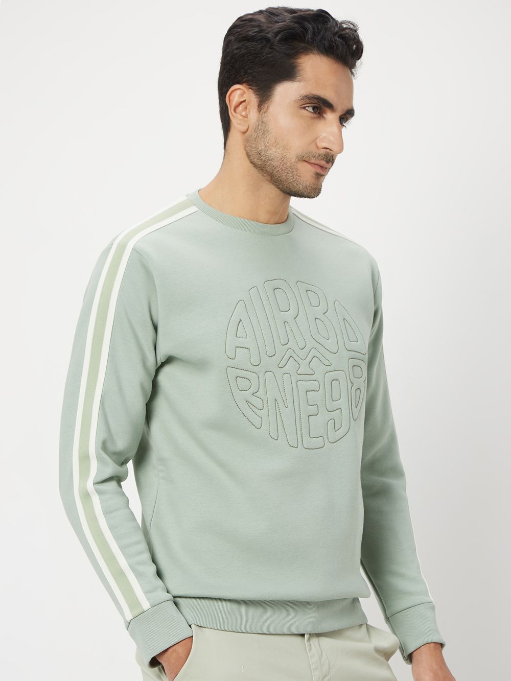 Light Green & White Embossed Embroidery Knitted Fleece Sweatshirt