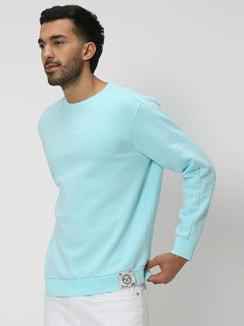 Light Blue Slim Fit Knitted Fleece Sweatshirt