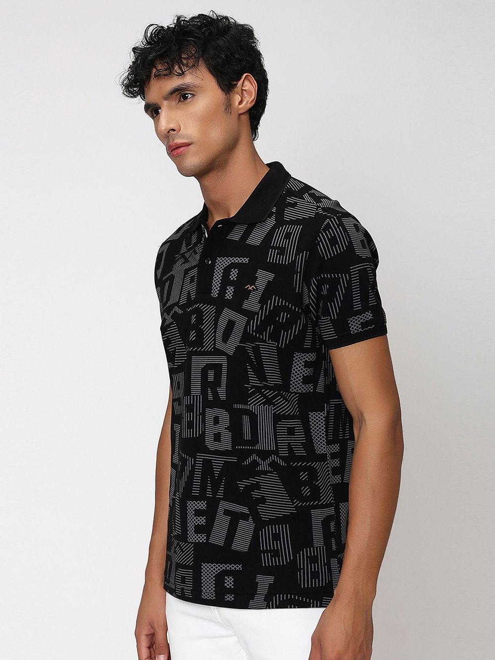 Black & Grey Abstract Print Pique Polo T-Shirt