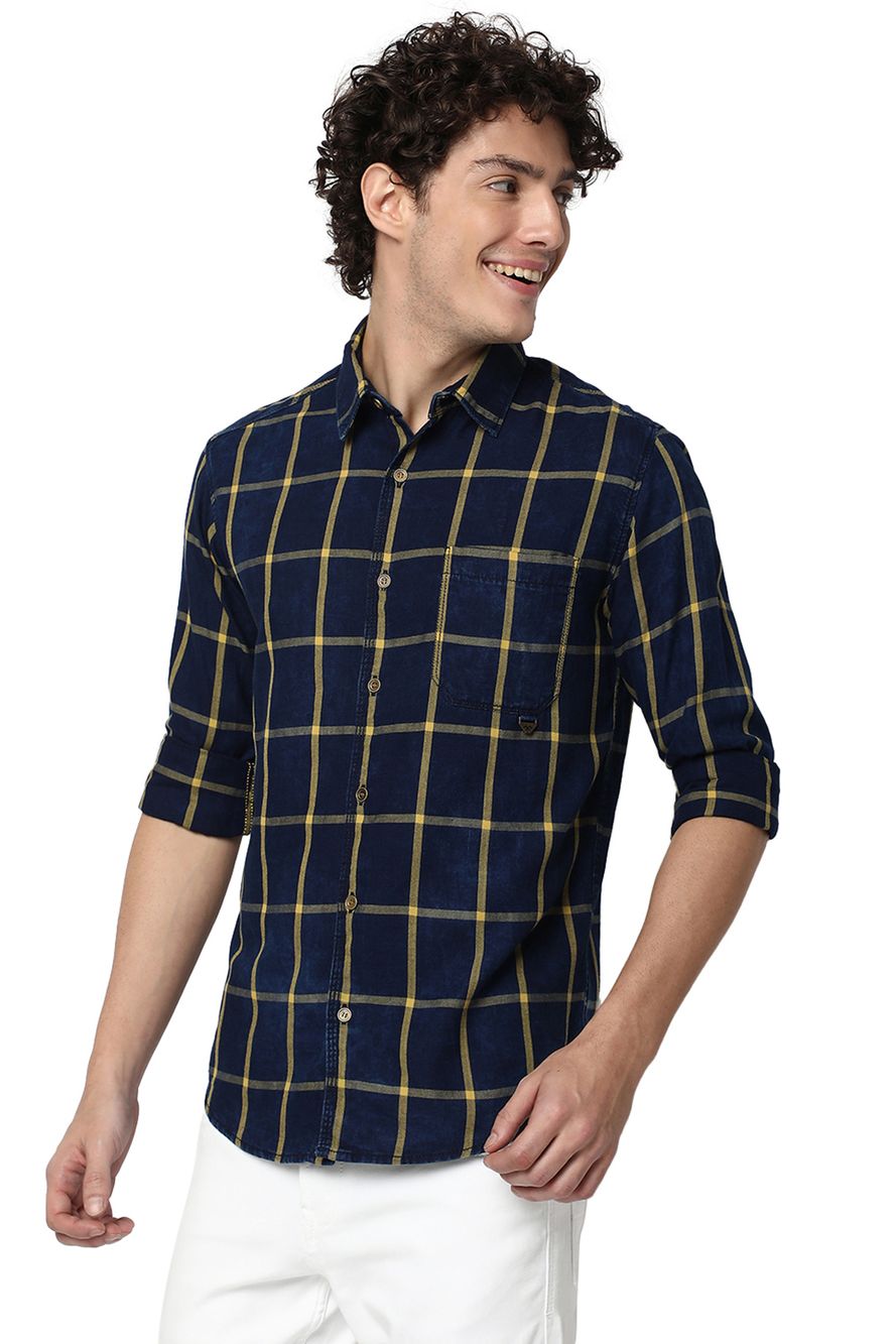 Indigo Blue & Mustard Windowpane Check Slim Fit Casual Shirt