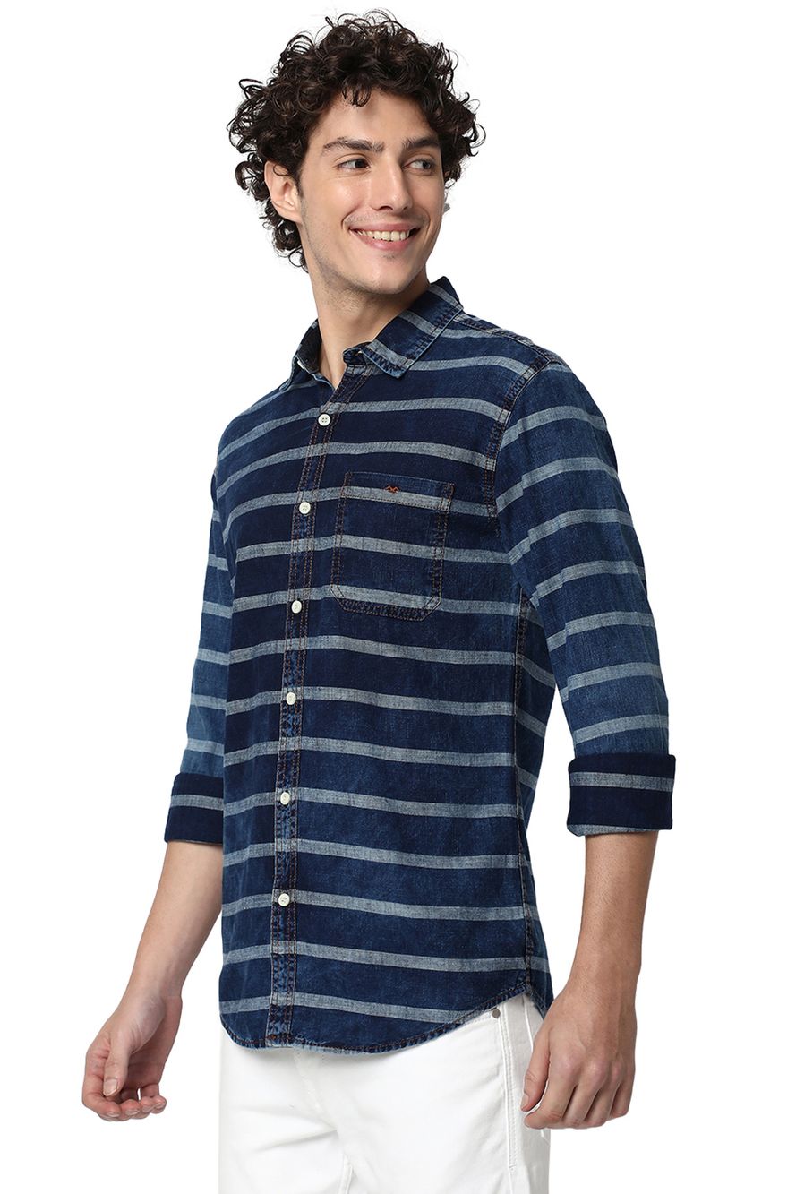 Indigo Blue & White Stripe Slim Fit Casual Shirt