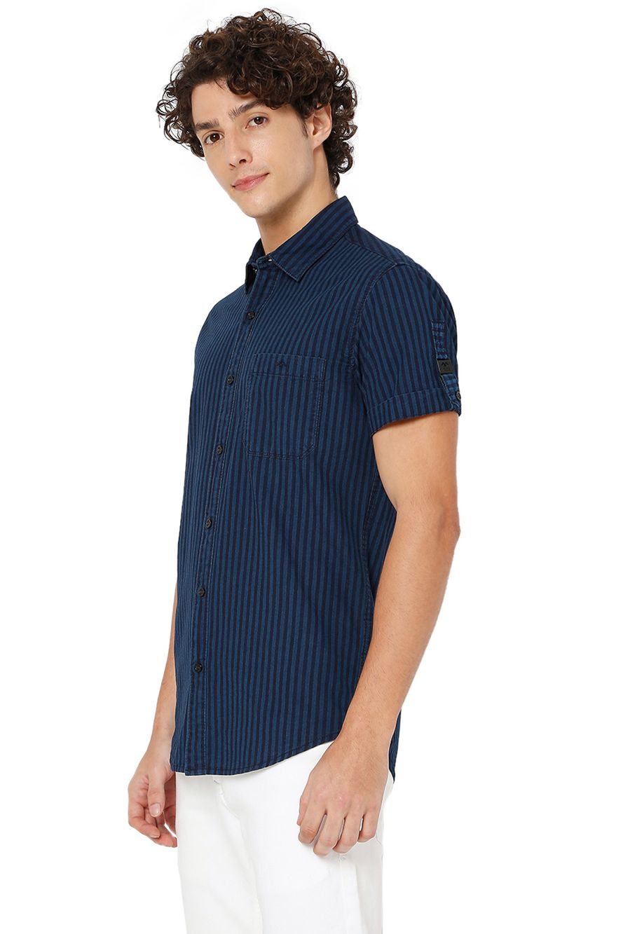 Dark Indigo Blue Tonal Stripe Slim Fit Casual Shirt