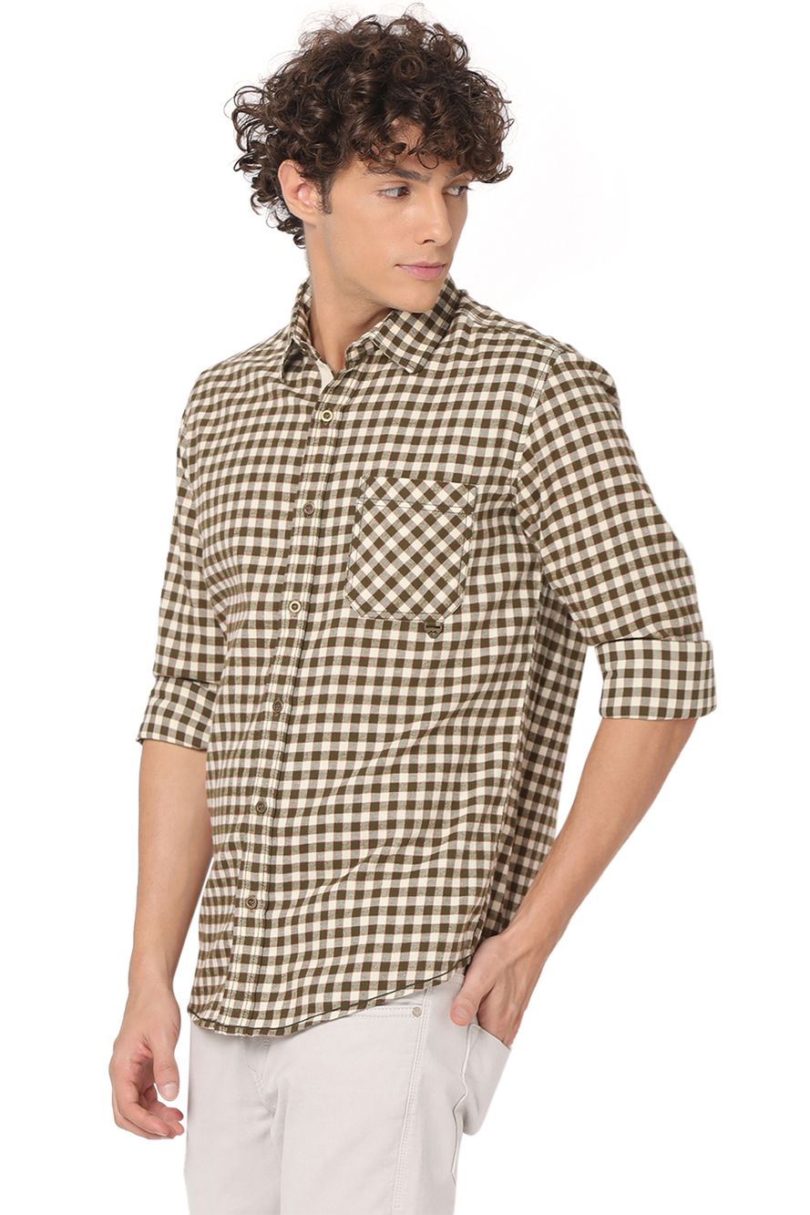 Off White & Olive Flannel Check Slim Fit Casual Shirt