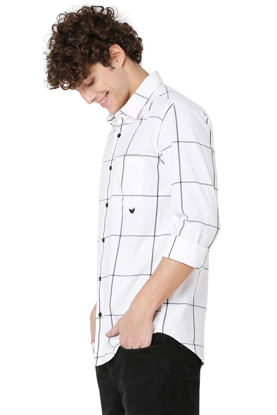 White & Black Windowpane Check Slim Fit Casual Shirt