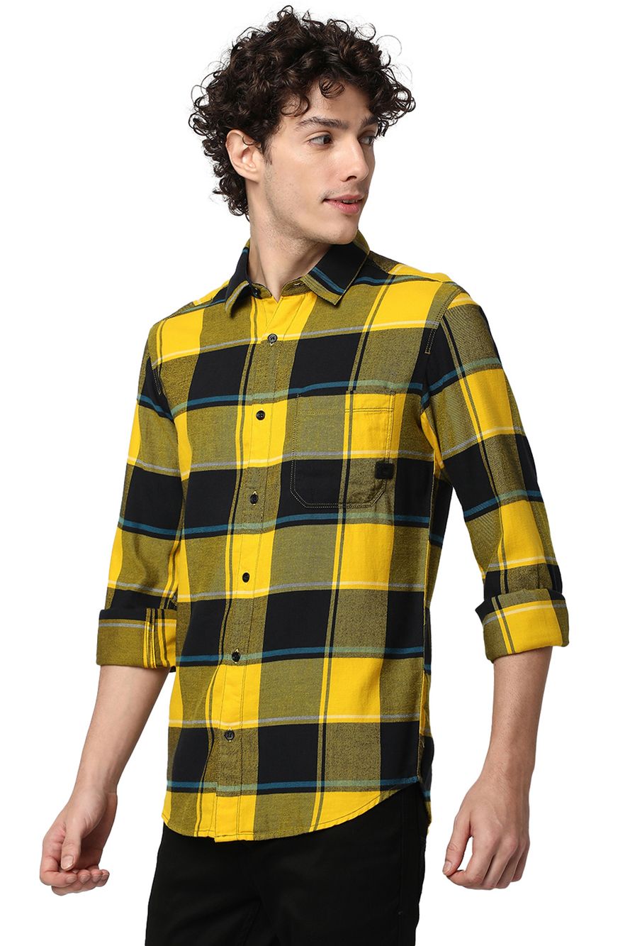 Yellow & Navy Large Check Slim Fit Casual Shirt