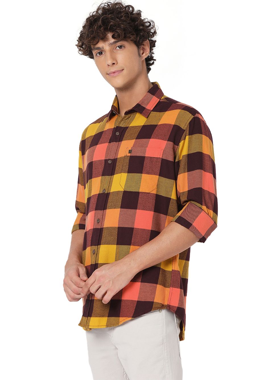 Yellow & Maroon Madras Check Slim Fit Casual Shirt