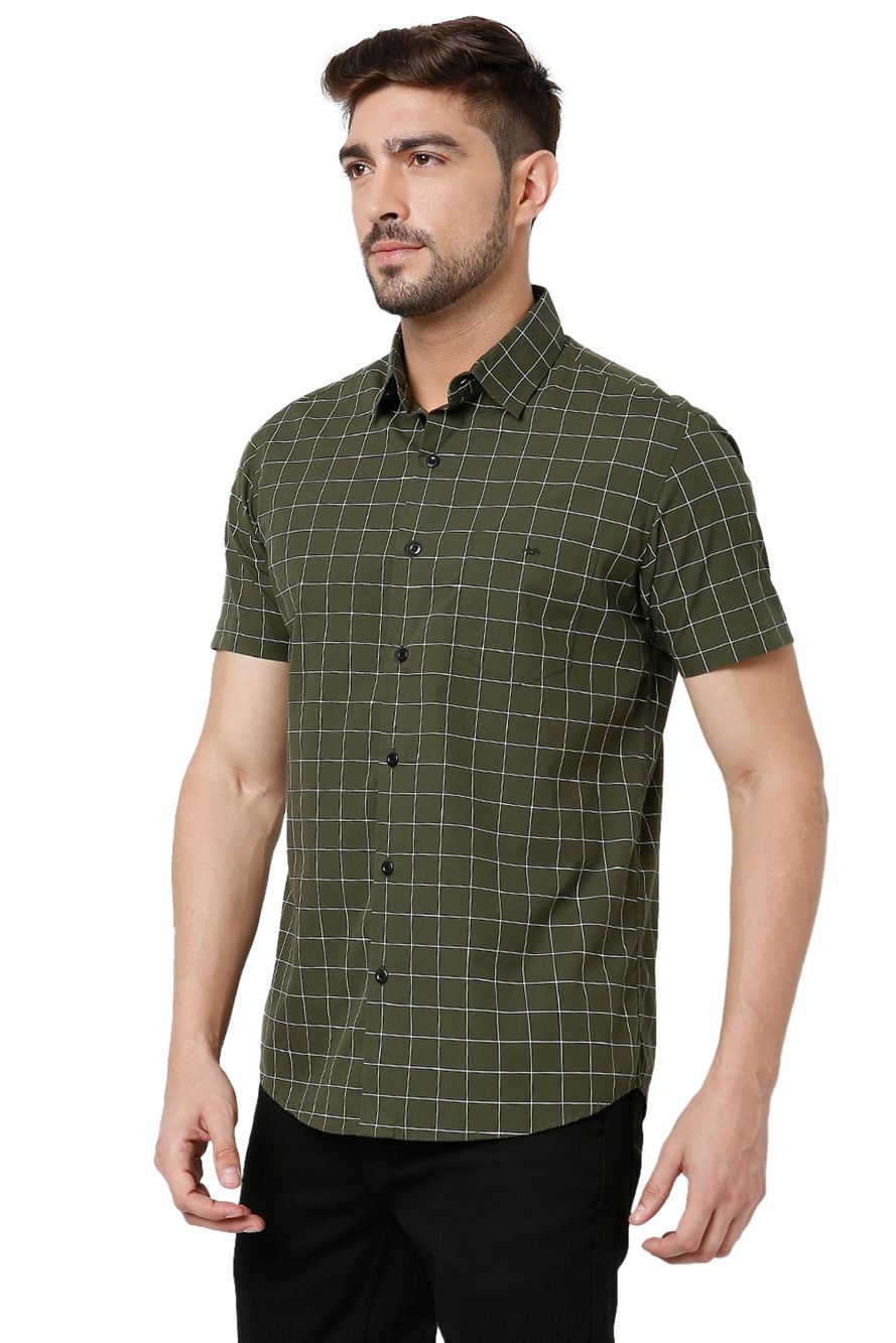 Olive & White Windowpane Check Slim Fit Casual Shirt