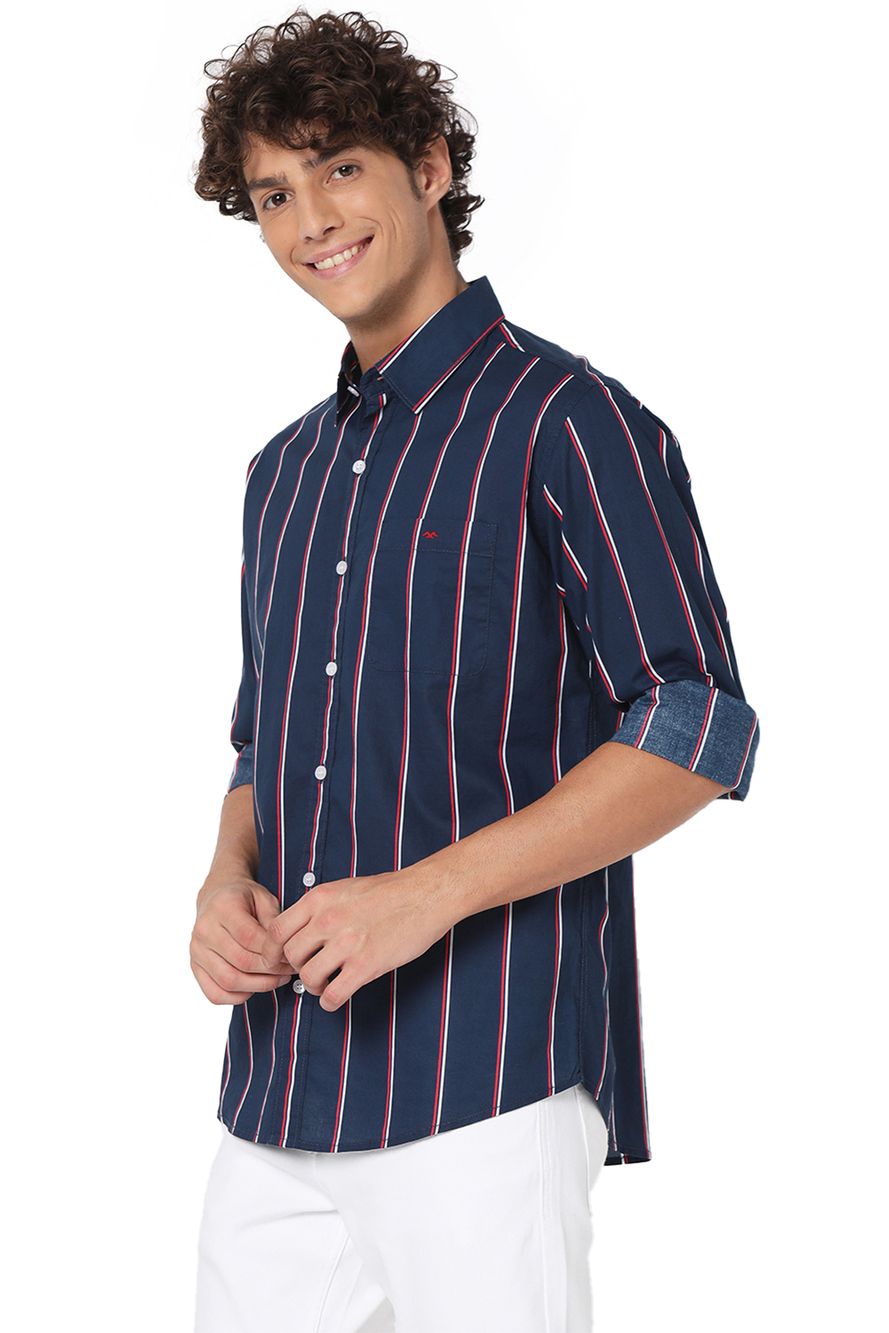 Navy & Red Lightweight Stripe Slim Fit Casual Shirt