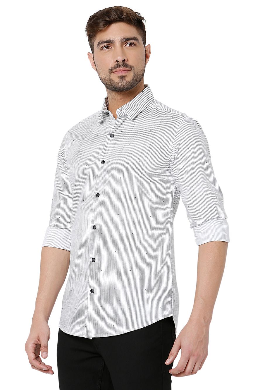 White & Black Logo Stripe Slim Fit Casual Shirt
