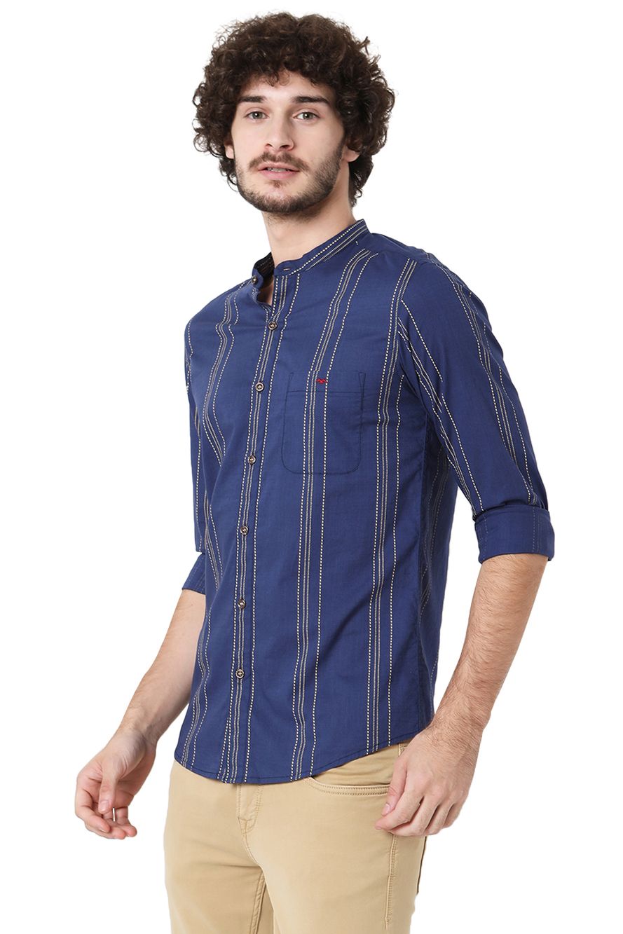 Navy & Mustard Stitch Stripe Slim Fit Casual Shirt