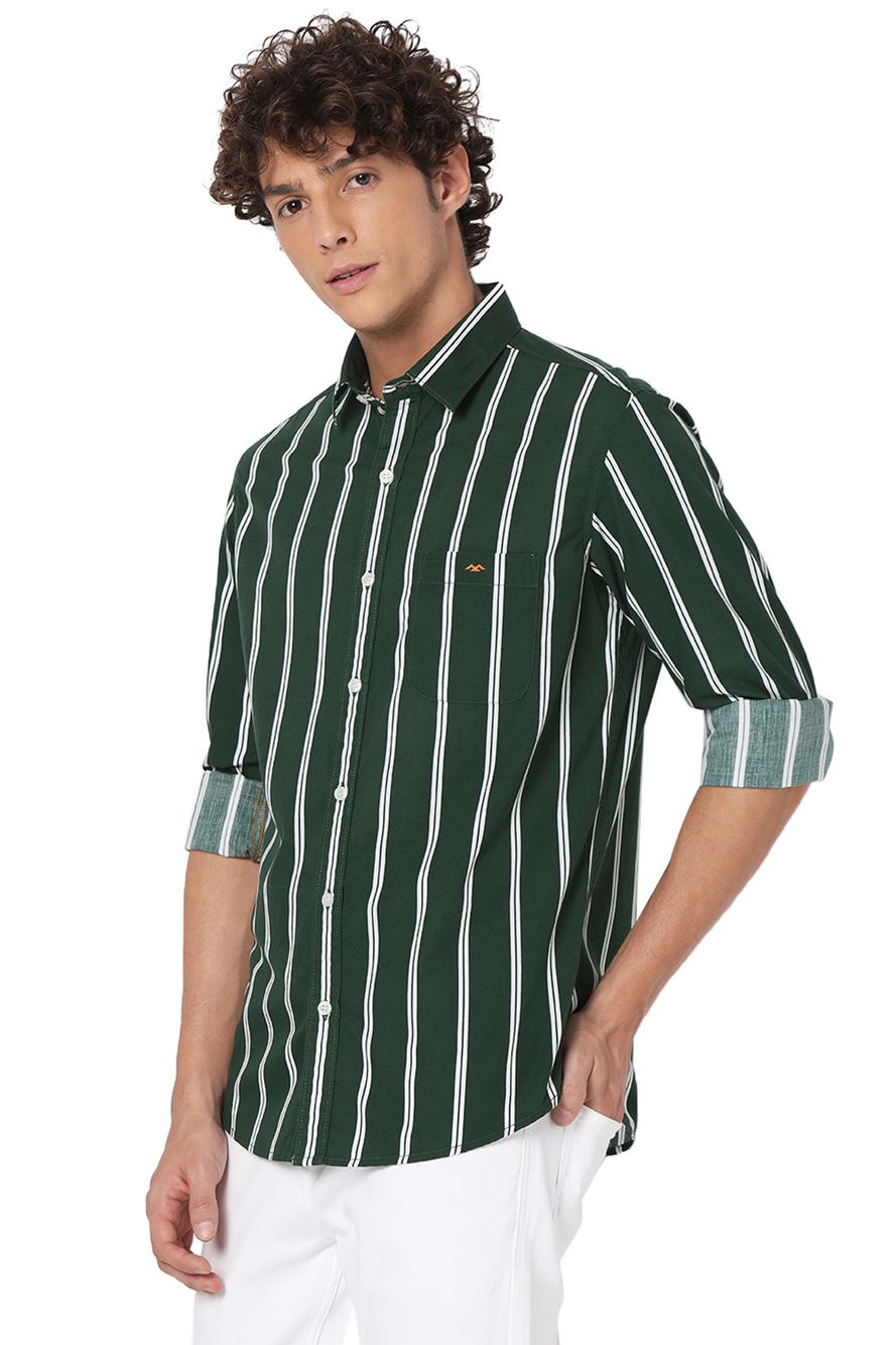 Olive & White Candy Stripe Slim Fit Casual Shirt