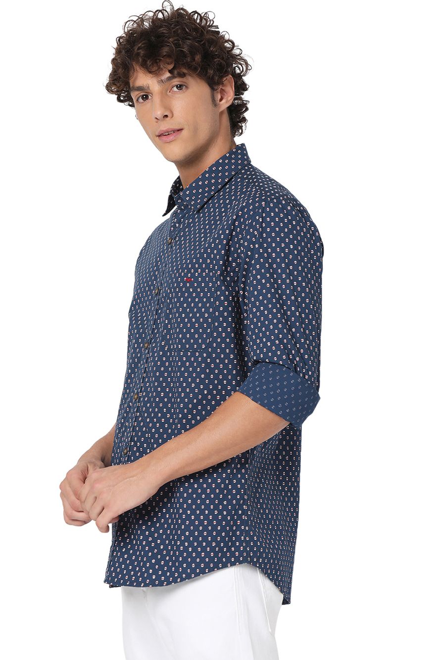 Navy & White Print Slim Fit Casual Shirt