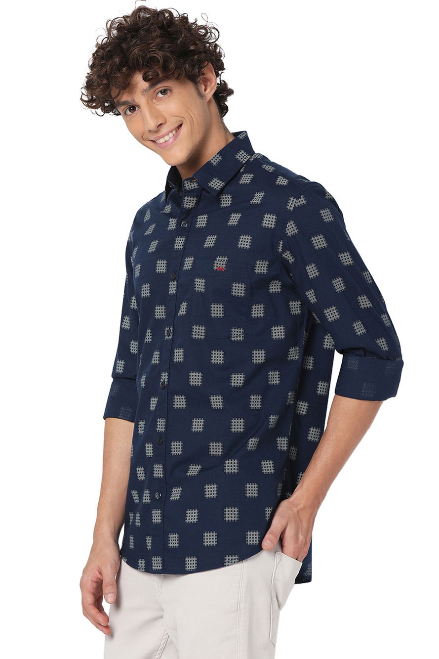 Navy & White Printed Slim Fit Casual Shirt