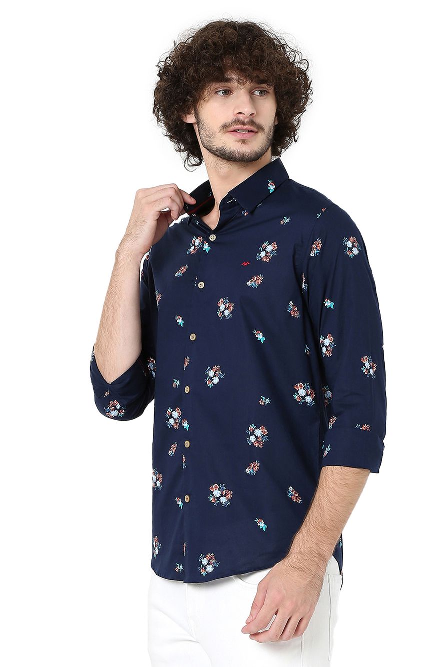 Navy & Multi Floral Print Lightweight Slim Fit Casual Shirt