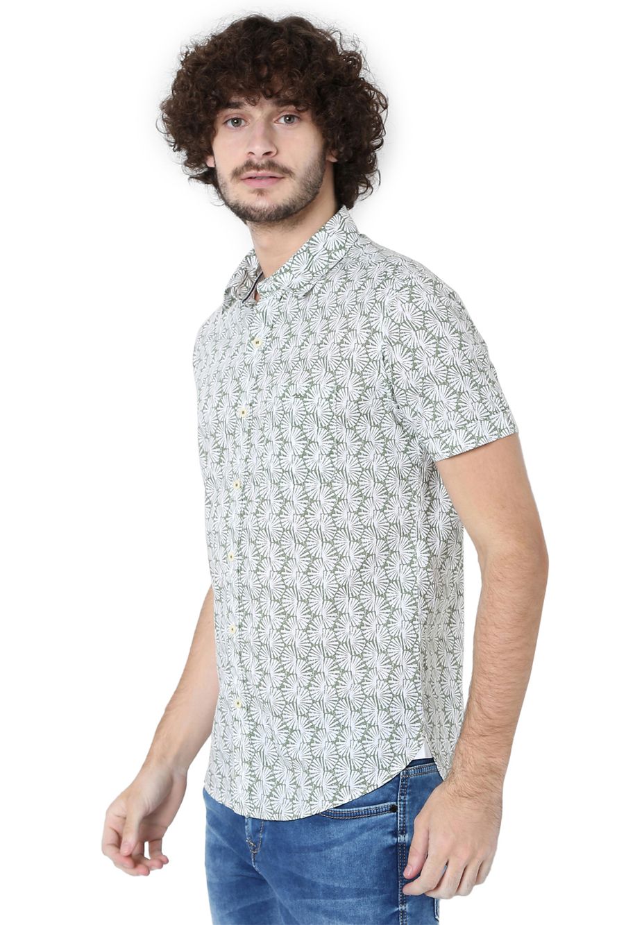 Light Olive & White Resort Print Slim Fit Casual Shirt