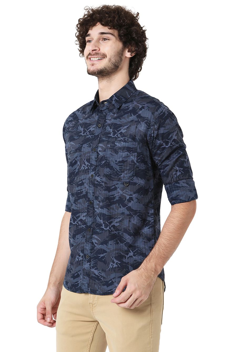 Navy & Blue Camo Print Slim Fit Casual Shirt