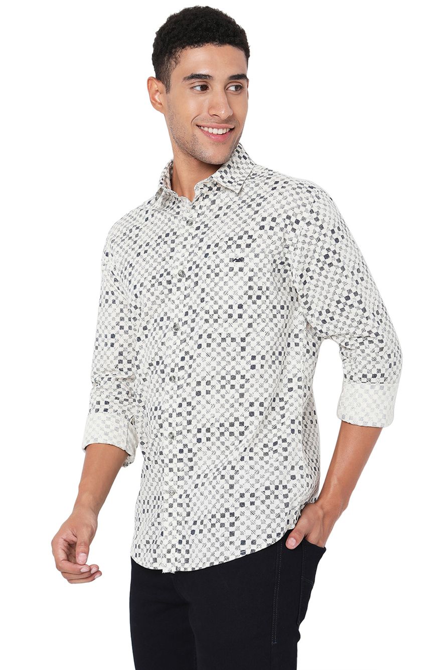 Off White & Navy Checkerboard Print Slim Fit Casual Shirt