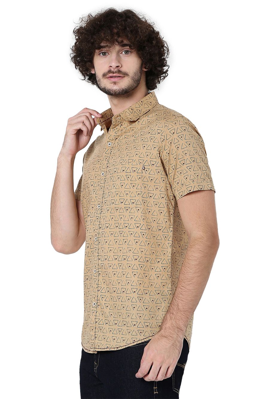 Light Khaki & Rust Geometric Print Slim Fit Casual Shirt