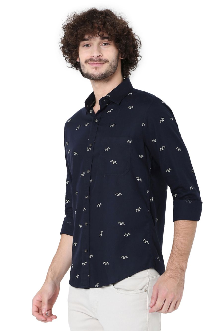 Navy & Off White Logo Print Slim Fit Casual Shirt