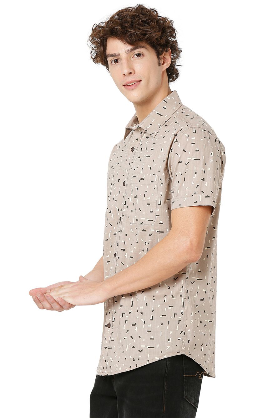 Light Khaki & Off White Abstract Print Slim Fit Casual Shirt