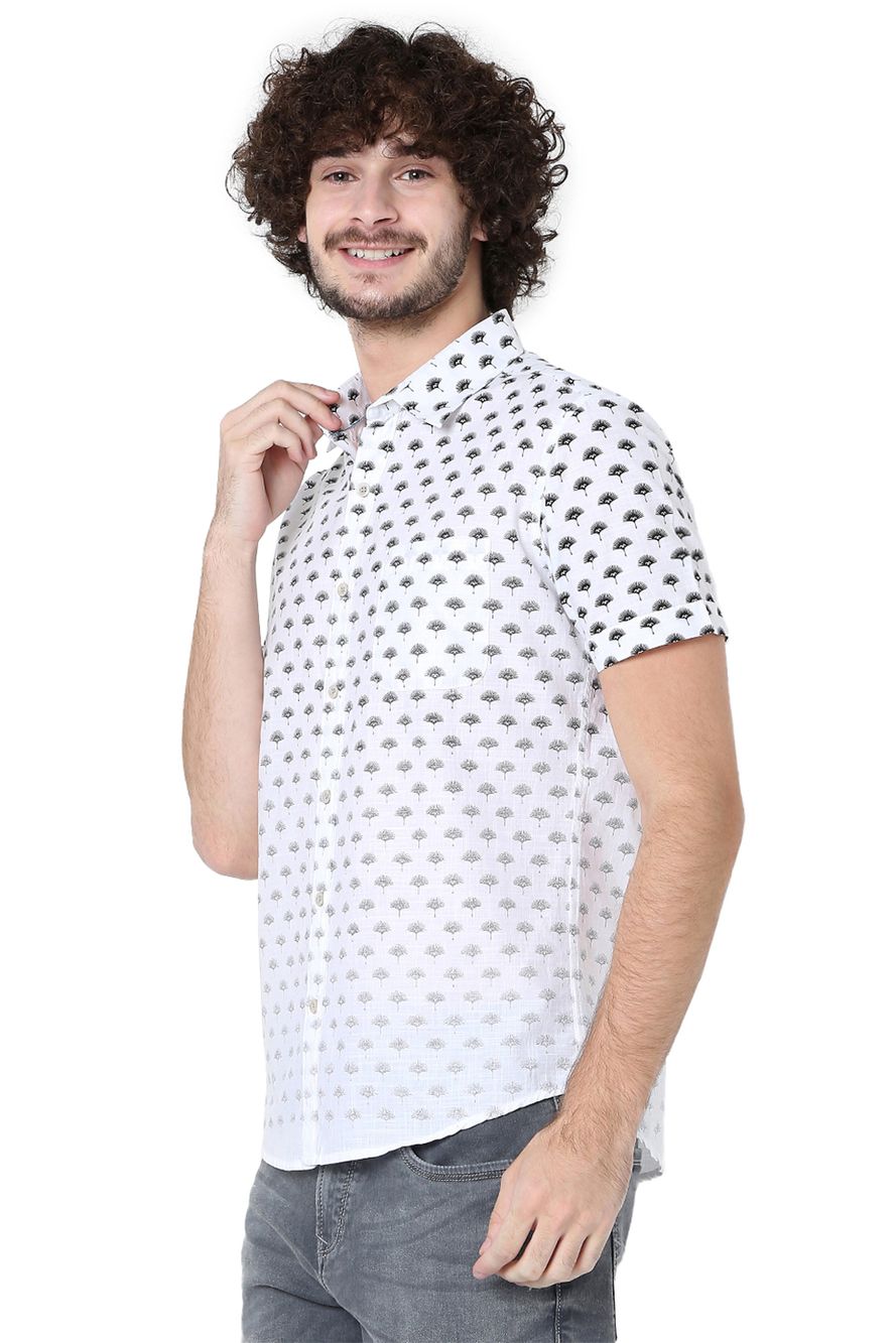 White & Black Logo Print Slim Fit Casual Shirt