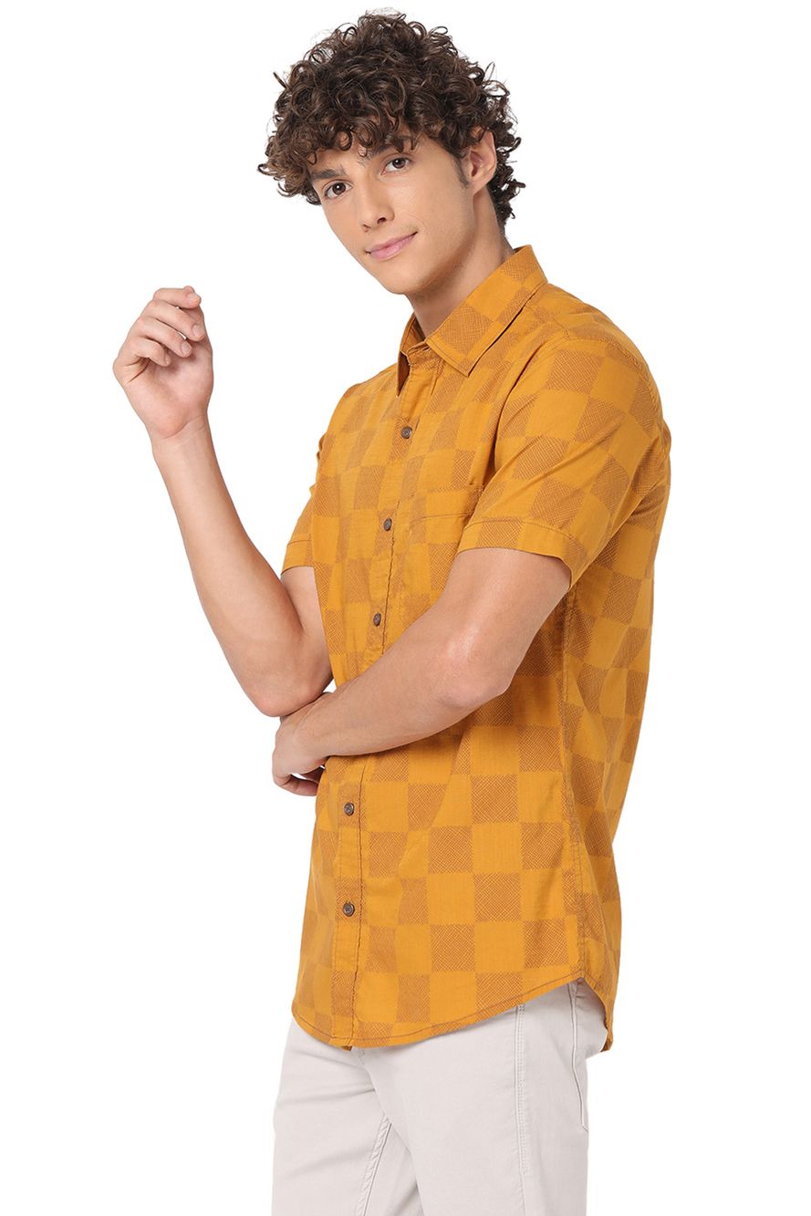 Mustard Checkerboard Print Slim Fit Casual Shirt