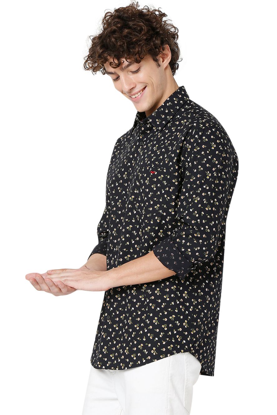 Black Floral Print Slim Fit Casual Shirt