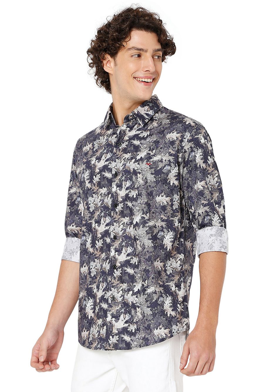 Navy & Grey Leaf Print Shirt
